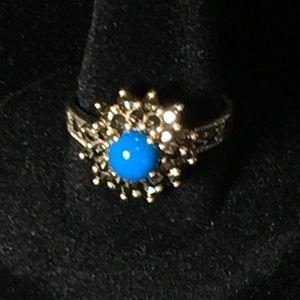 Sterling Silver Ring w/Blue Stone and Marcasites